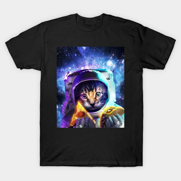 Astronaut Cat Eating Pizza Taco T-Shirt by Random Galaxy